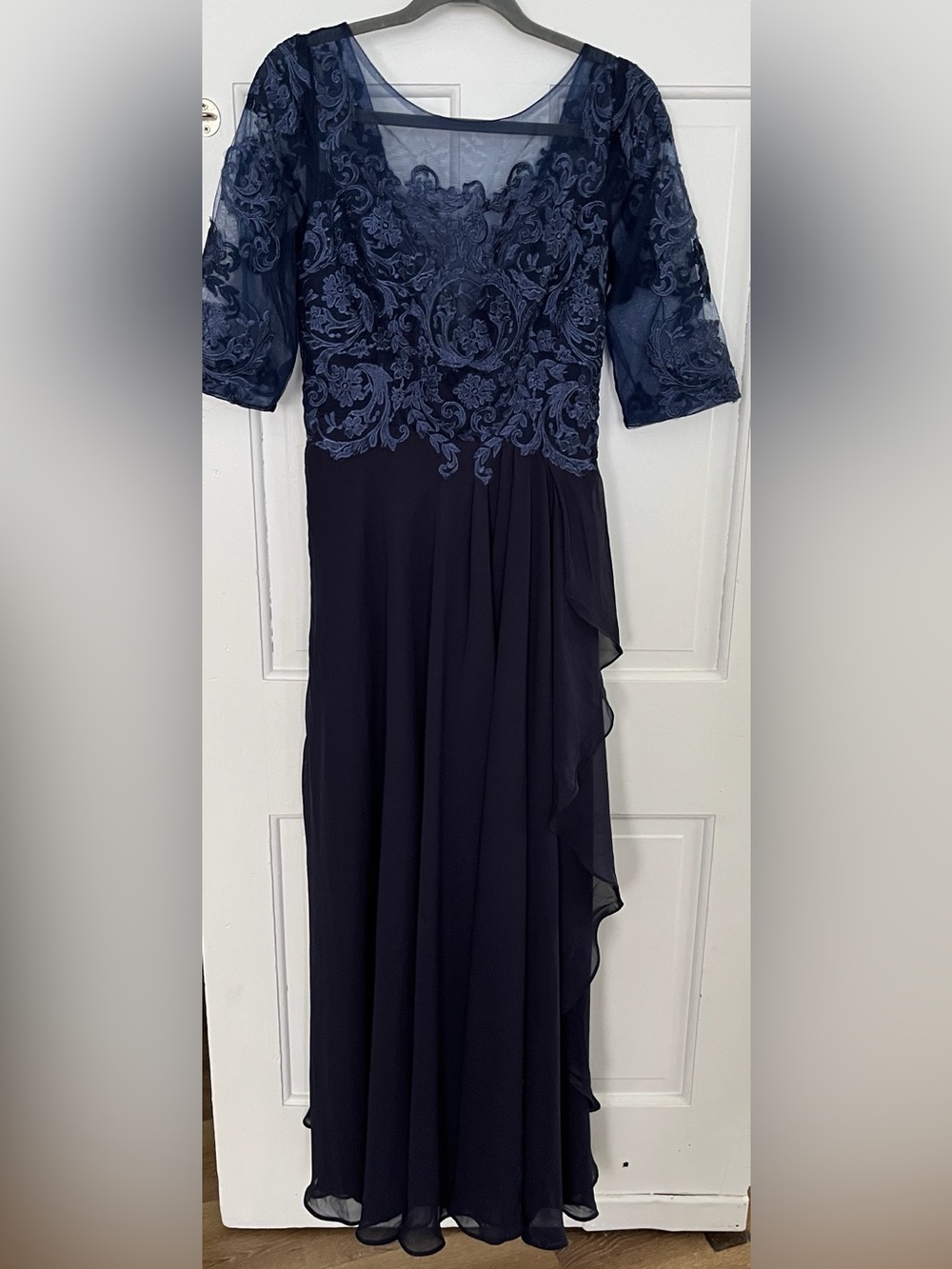 FH Couture Lace up Back Wedding Dress Lace bodice Sheer Overlay Blue Size 10